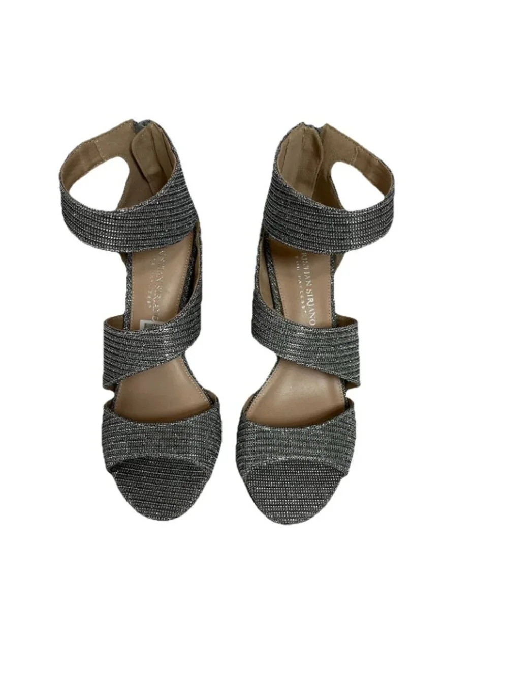 Christian Siriano Heels Silver Sparkle Wrap Ankle Open Toe Shoes